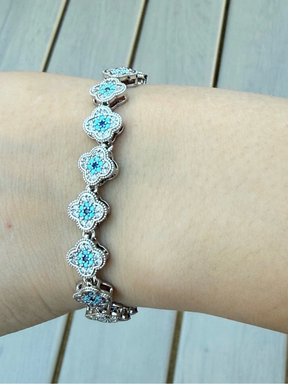 "Turquoise Blue Clover" or "Iced Out Floral" Charm Bracelet. 7.5 inches